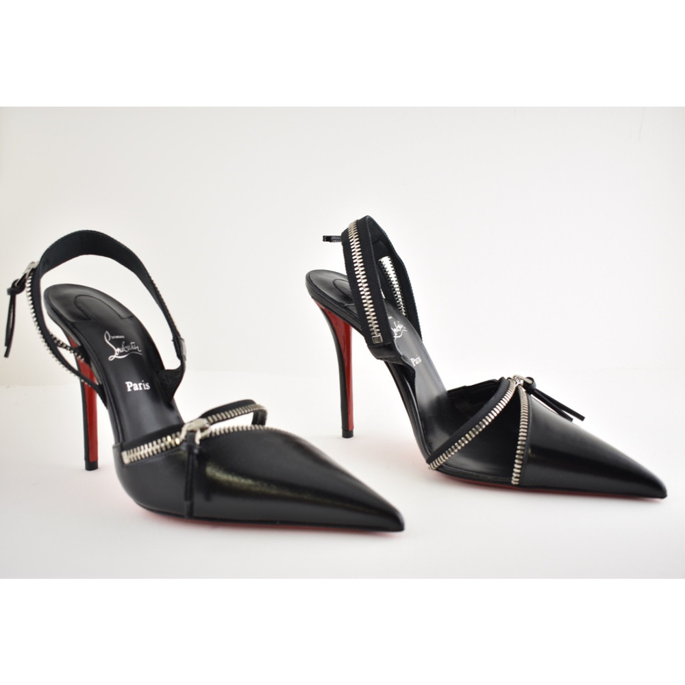 Christian Louboutin Slingyzip 100 Black Leather Zipper Slingback Heel Pump 38 - Picture 4 of 16